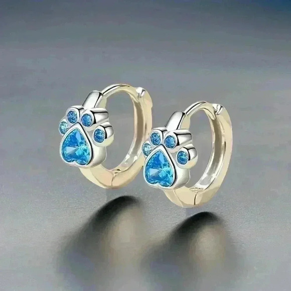 Paw Print Zircon Hoop Earrings in Blue - Picture 3 of 5